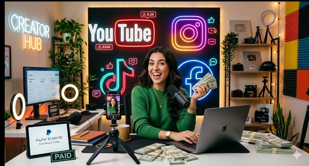 Happy social media users using their phones and exploring online creator opportunities